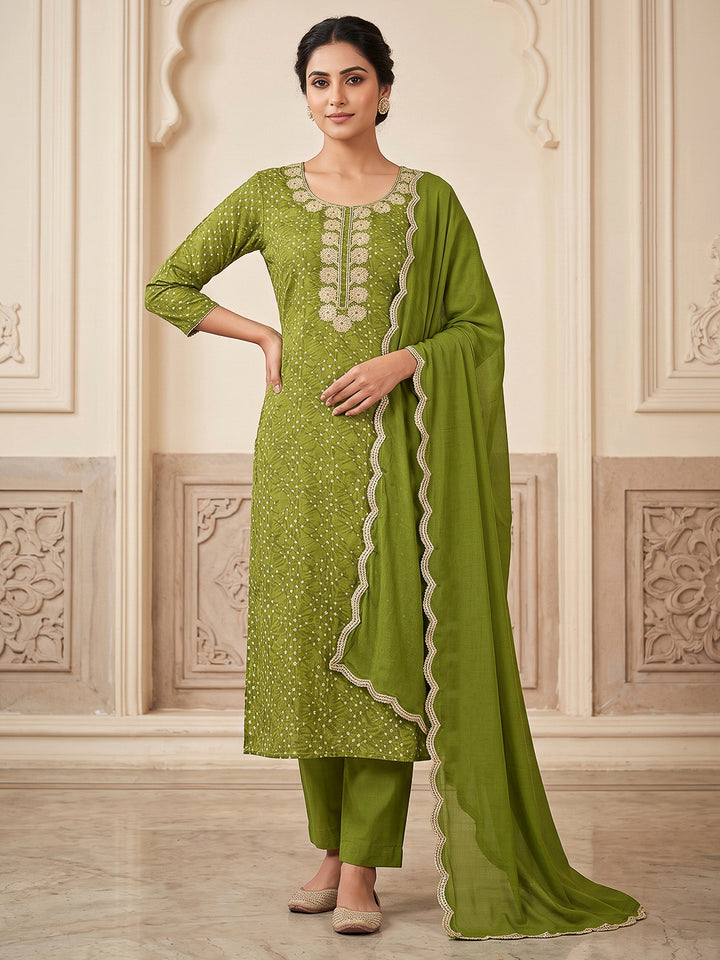 Mehndi Cotton Blend Embroidered Unstitched Dress Material