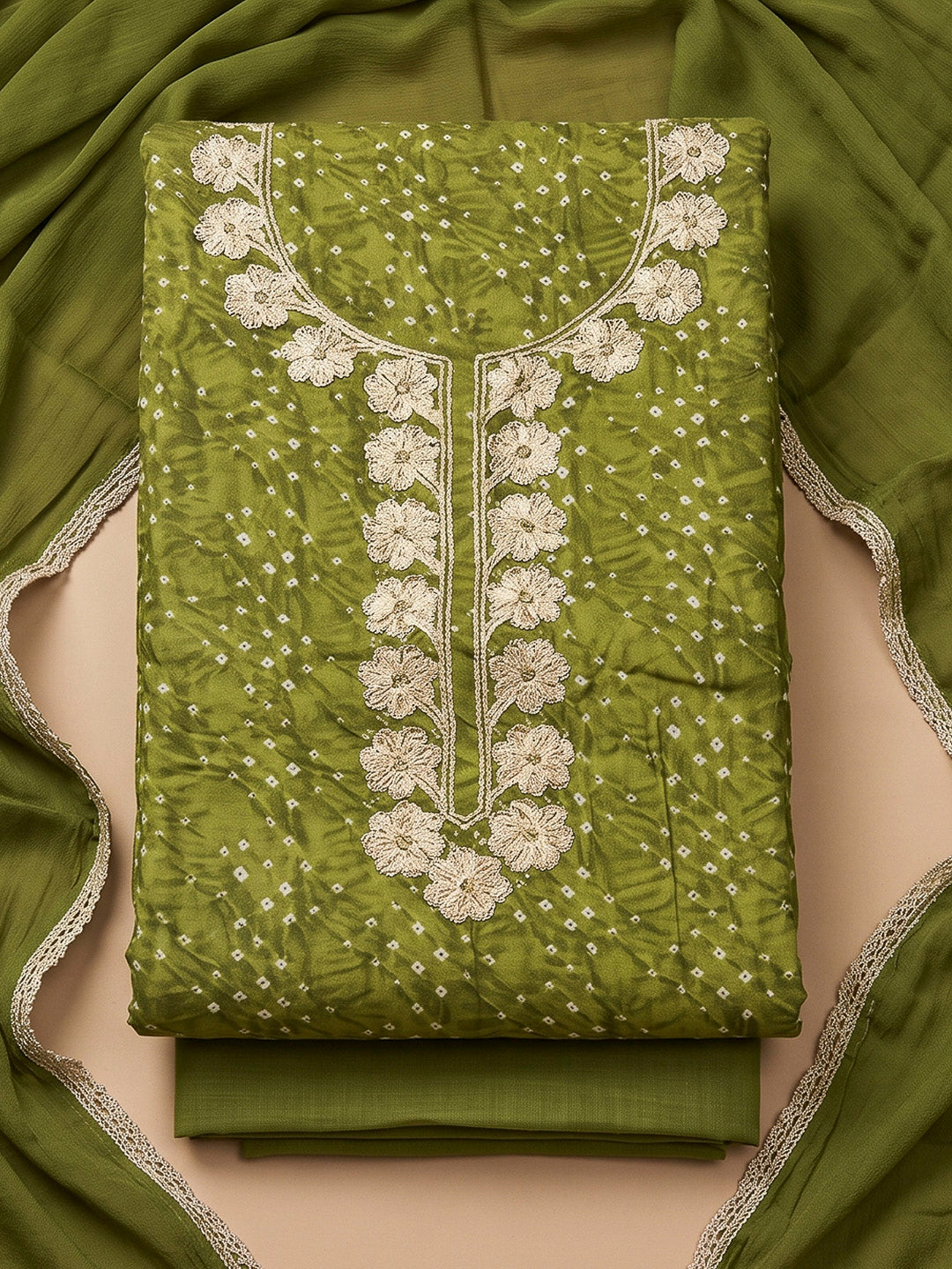Mehndi Cotton Blend Embroidered Unstitched Dress Material