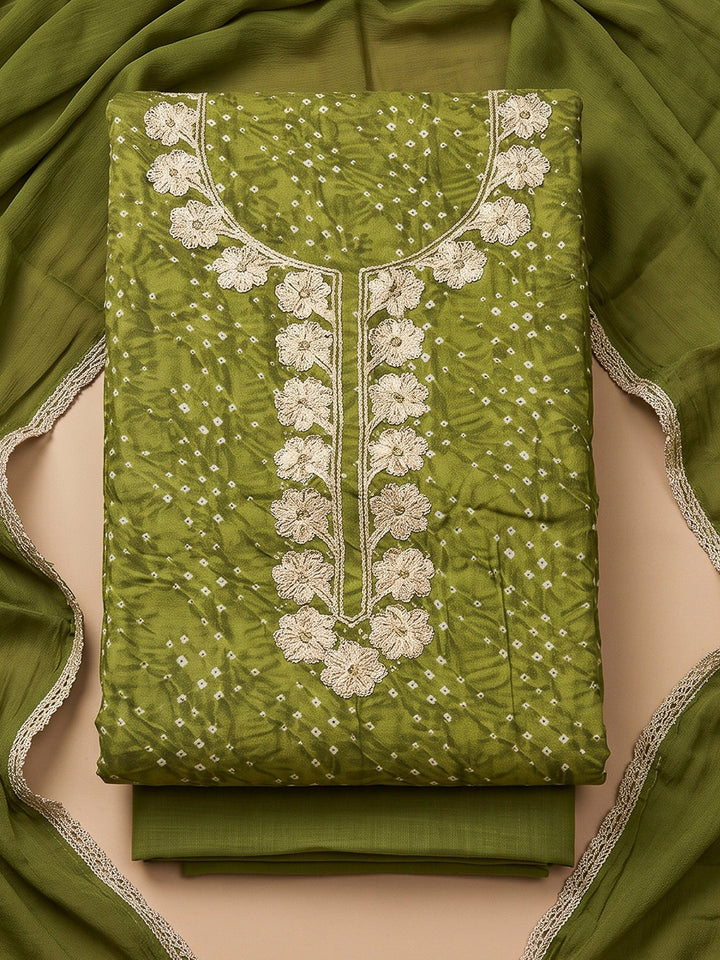 Mehndi Cotton Blend Embroidered Unstitched Dress Material