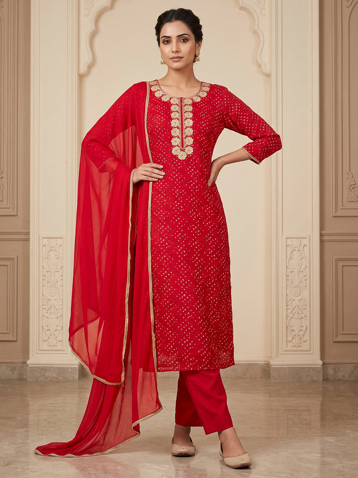 Red Cotton Blend Embroidered Unstitched Dress Material