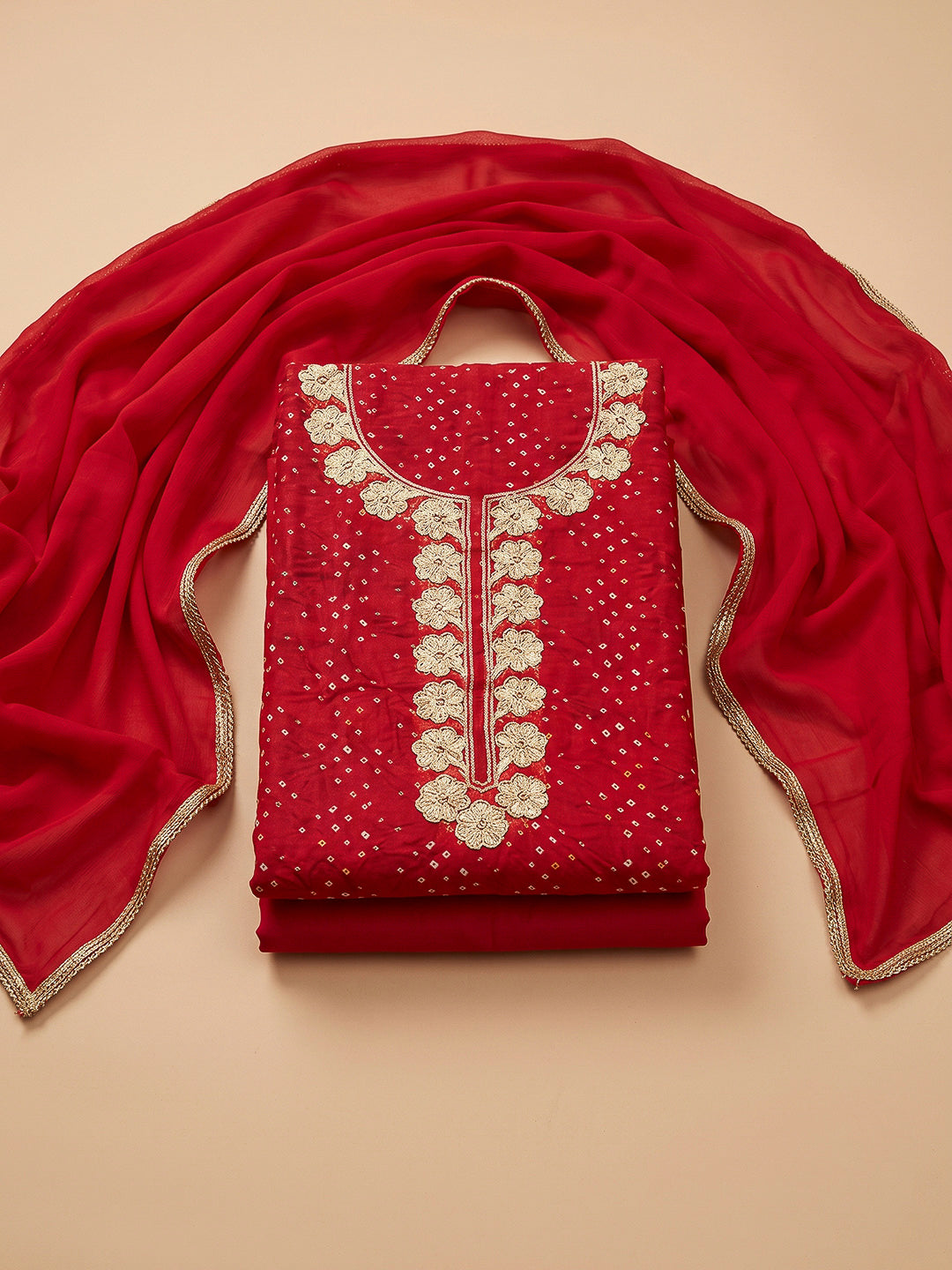 Red Cotton Blend Embroidered Unstitched Dress Material