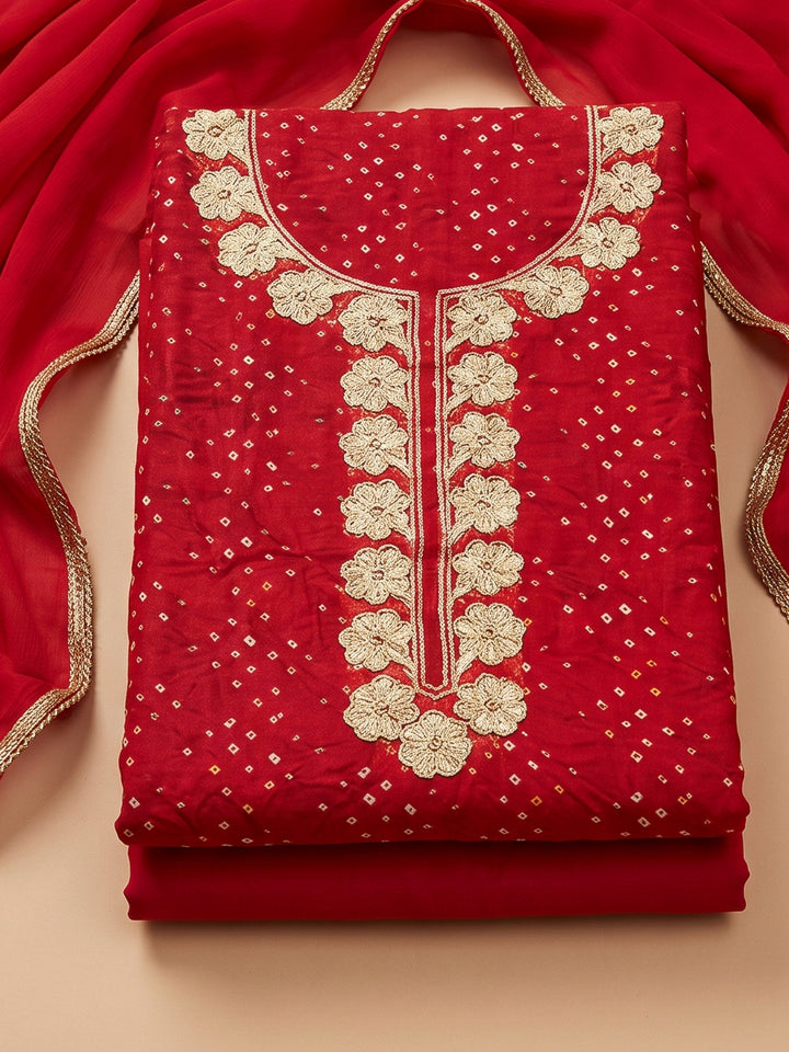 Red Cotton Blend Embroidered Unstitched Dress Material