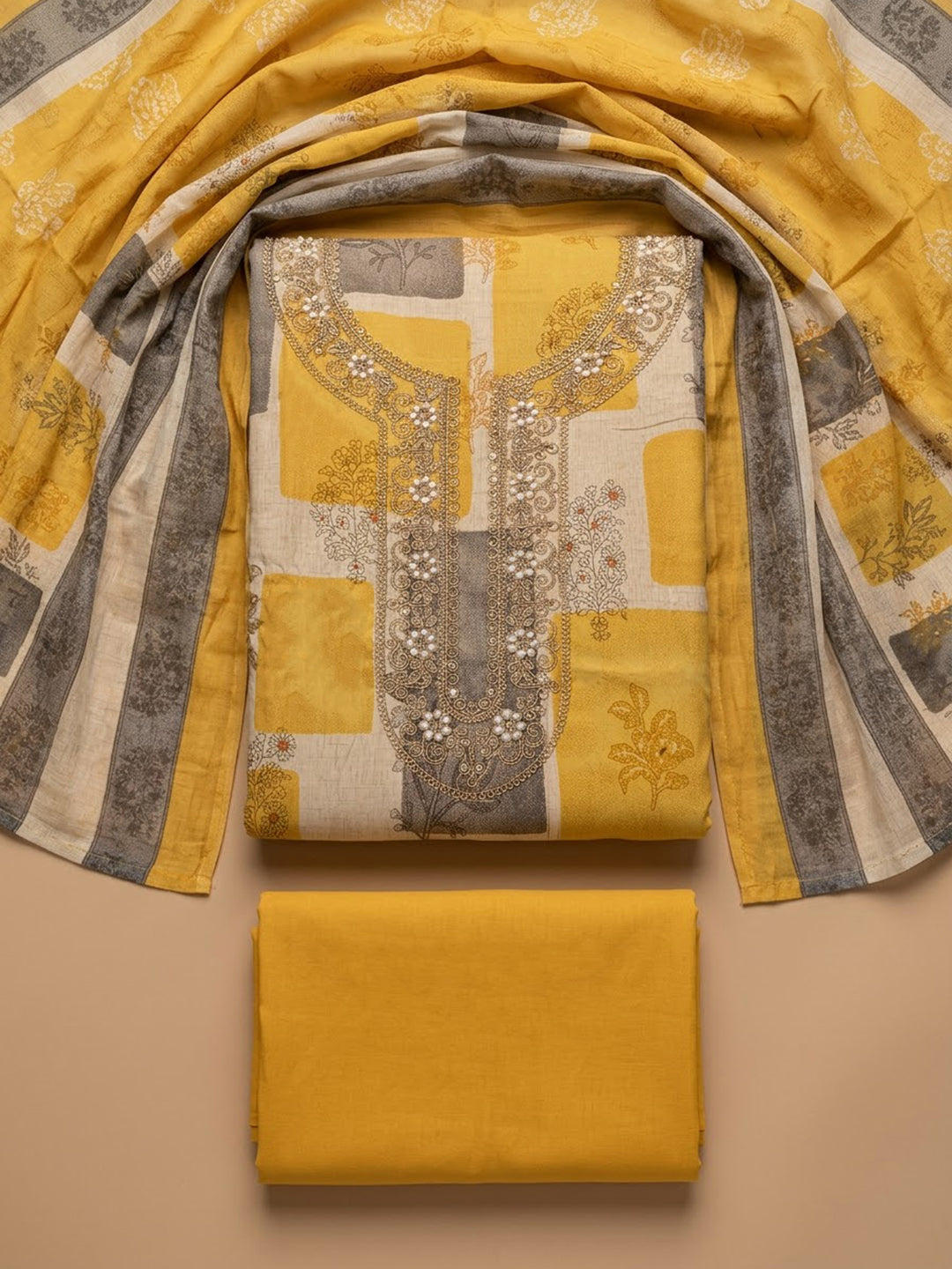 Mustard Cotton Blend Embroidered Unstitched Dress Material