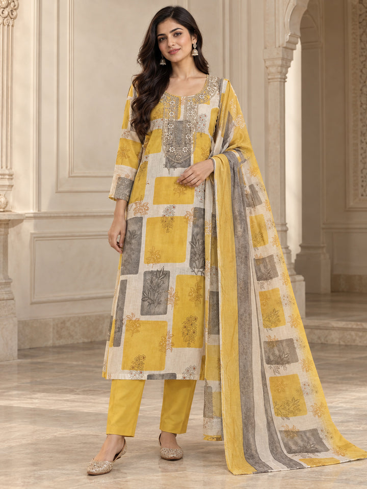Mustard Cotton Blend Embroidered Unstitched Dress Material