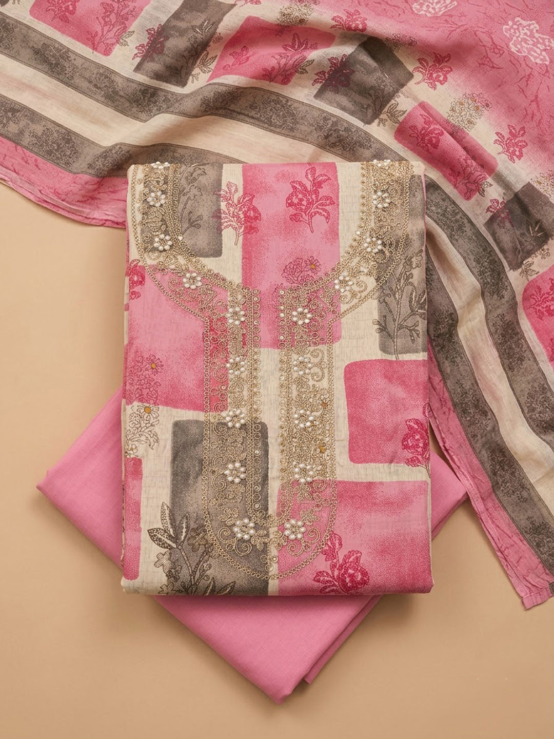 Onion Pink Cotton Blend Embroidered Unstitched Dress Material
