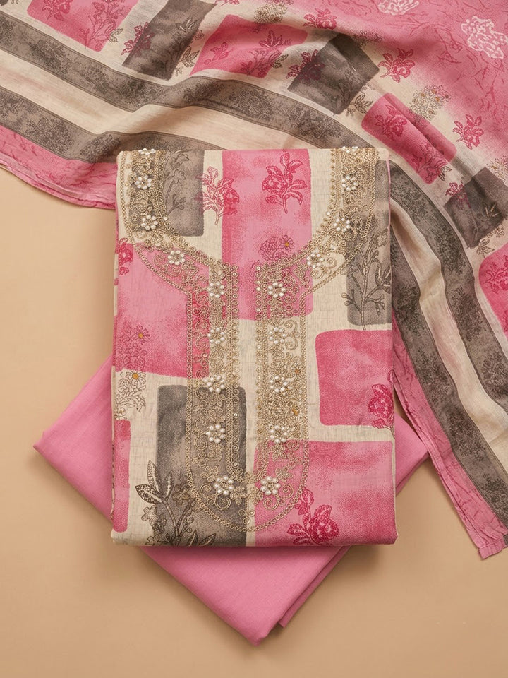 Onion Pink Cotton Blend Embroidered Unstitched Dress Material