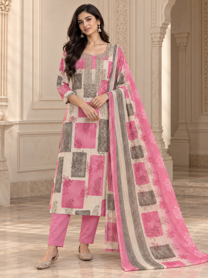 Onion Pink Cotton Blend Embroidered Unstitched Dress Material