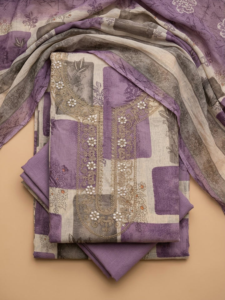 Purple Cotton Blend Embroidered Unstitched Dress Material
