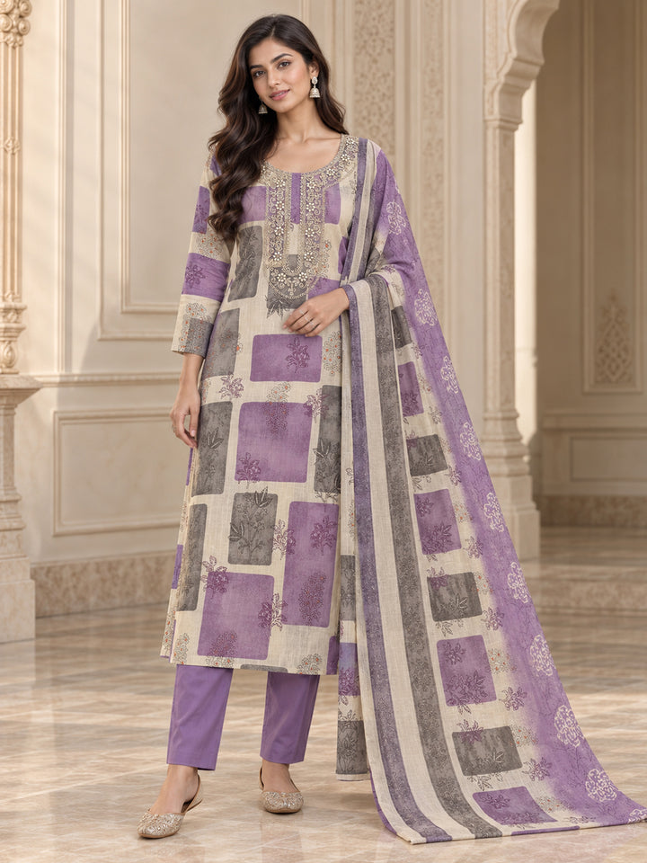 Purple Cotton Blend Embroidered Unstitched Dress Material