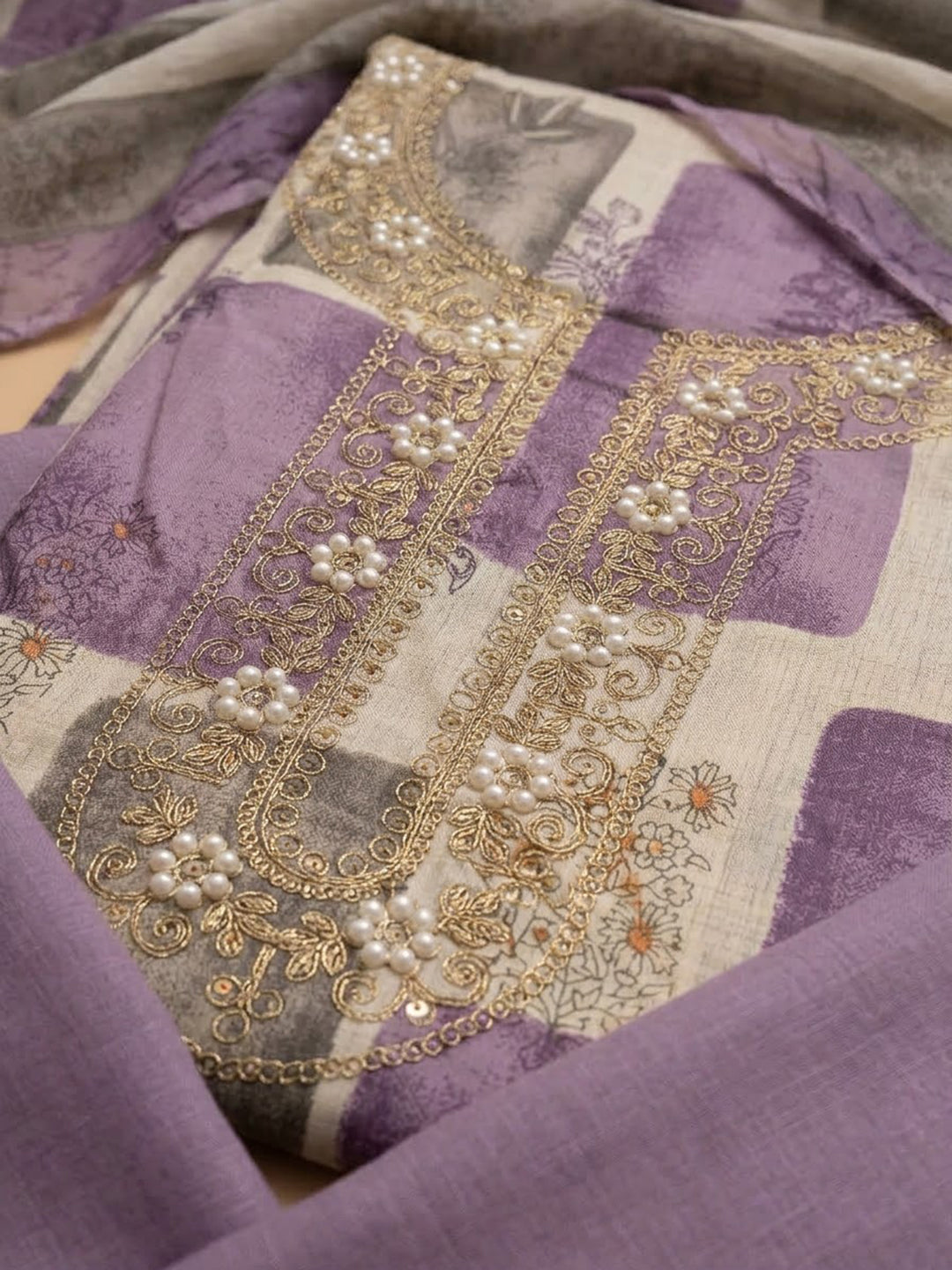 Purple Cotton Blend Embroidered Unstitched Dress Material