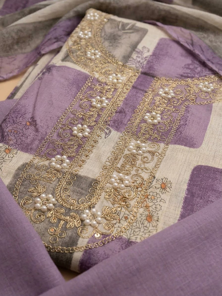 Purple Cotton Blend Embroidered Unstitched Dress Material