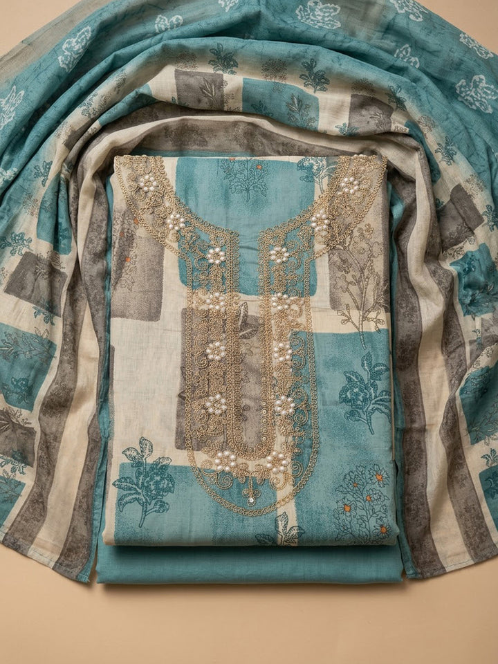 Rama Green Cotton Blend Embroidered Unstitched Dress Material