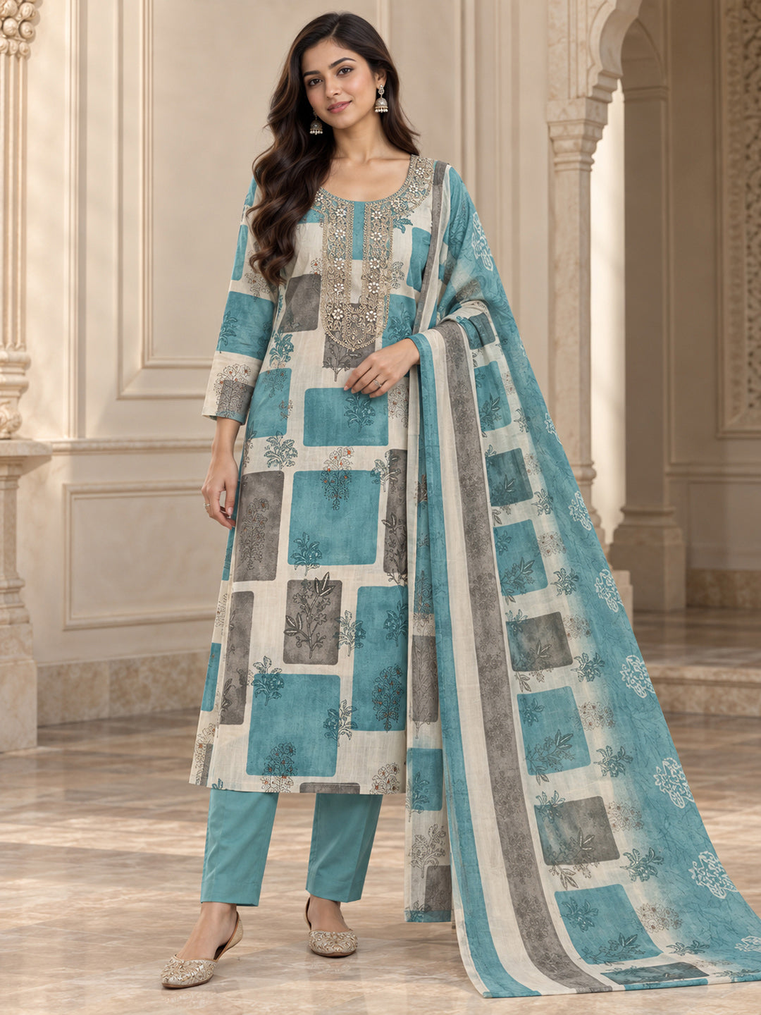 Rama Green Cotton Blend Embroidered Unstitched Dress Material