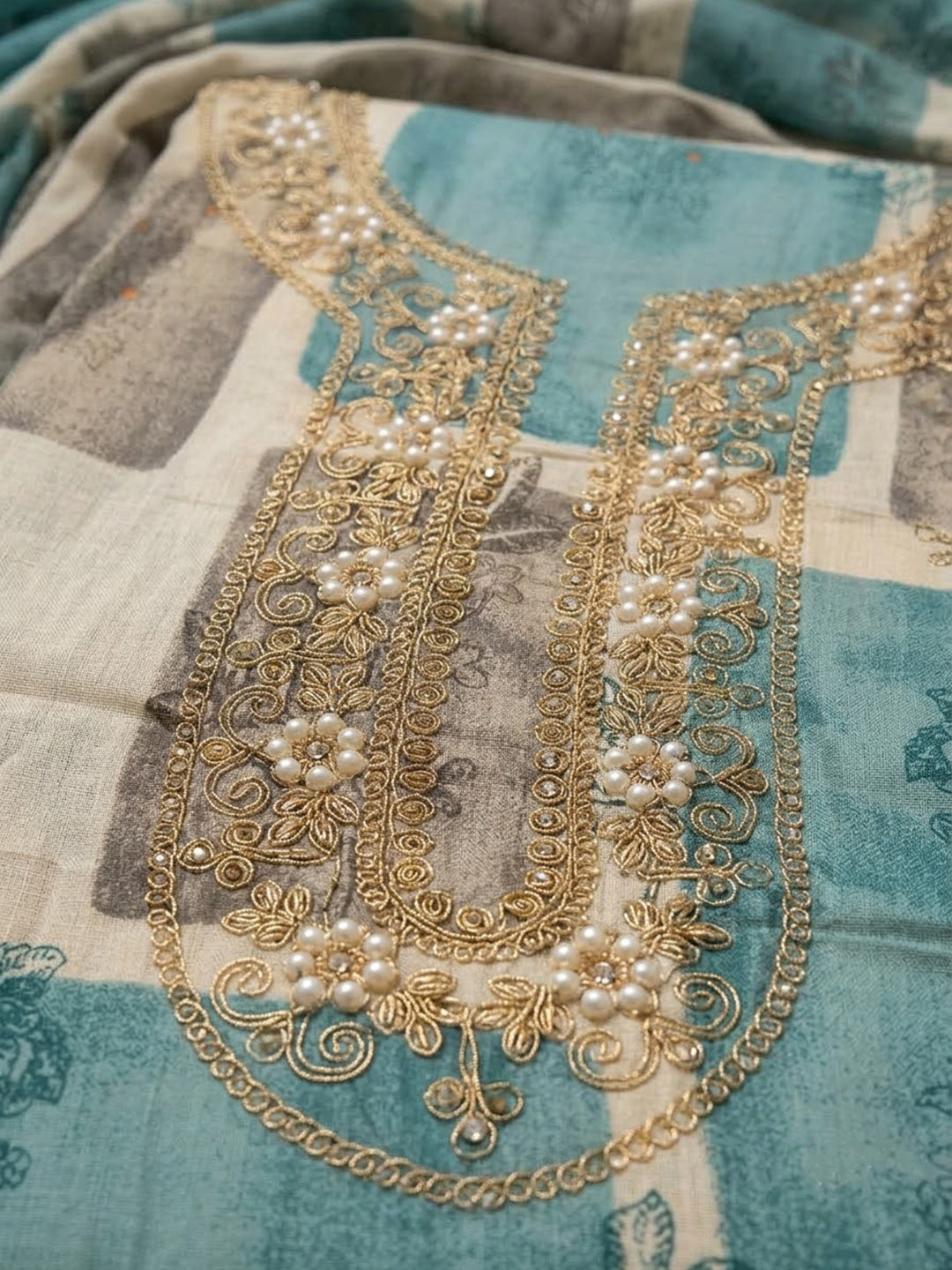 Rama Green Cotton Blend Embroidered Unstitched Dress Material
