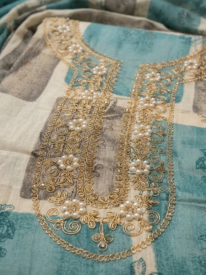 Rama Green Cotton Blend Embroidered Unstitched Dress Material