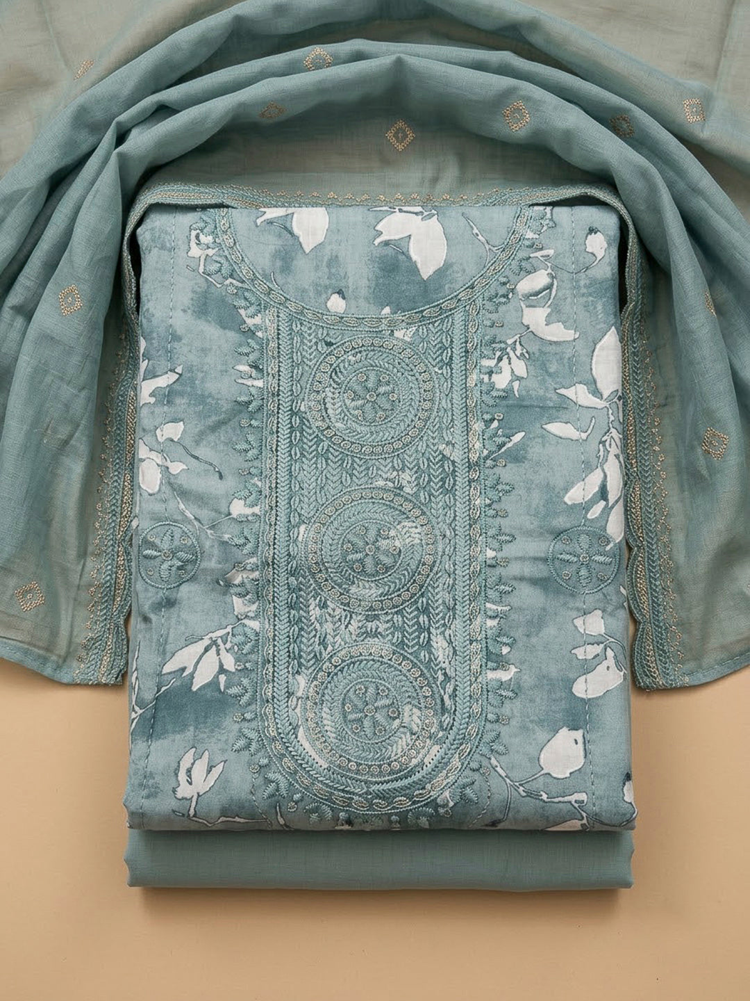 Blue Lt Cotton Blend Embroidered Unstitched Dress Material