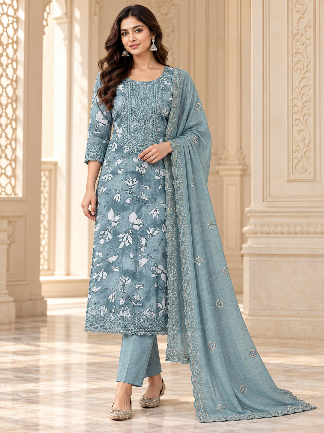 Blue Lt Cotton Blend Embroidered Unstitched Dress Material