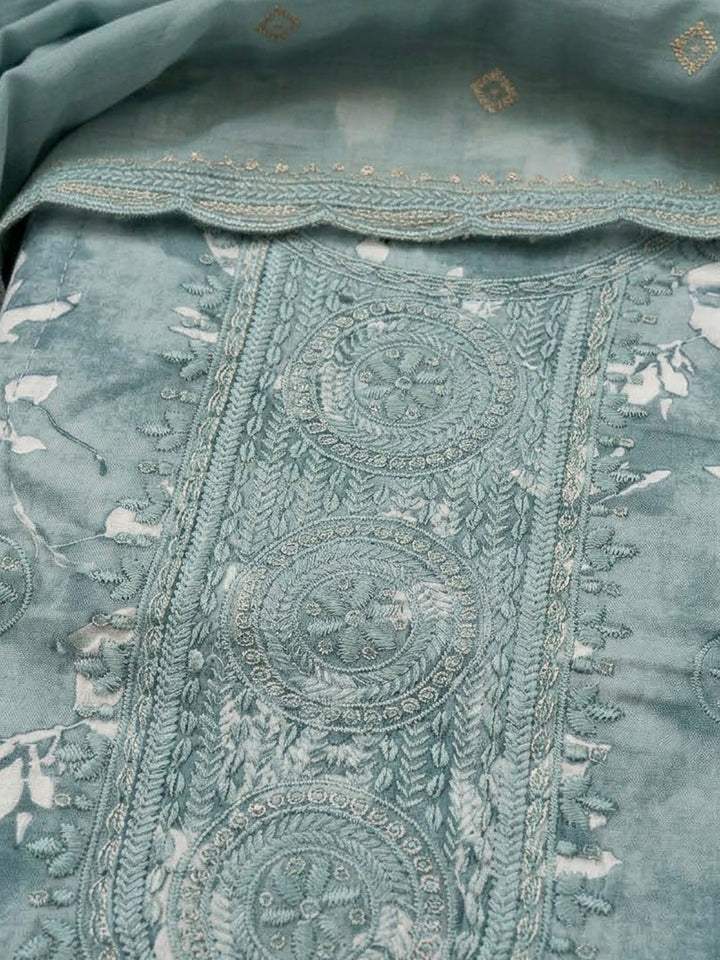 Blue Lt Cotton Blend Embroidered Unstitched Dress Material