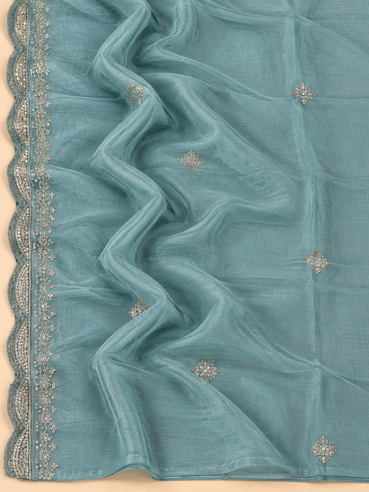 Blue Lt Cotton Blend Embroidered Unstitched Dress Material