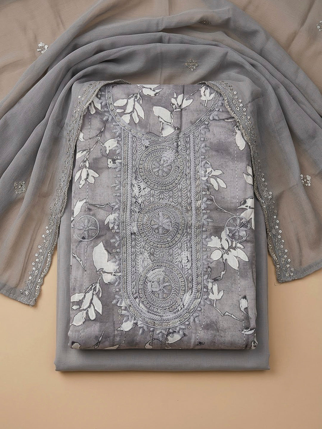 Grey Cotton Blend Embroidered Unstitched Dress Material