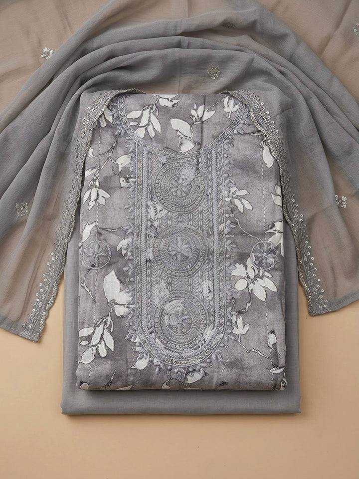 Grey Cotton Blend Embroidered Unstitched Dress Material