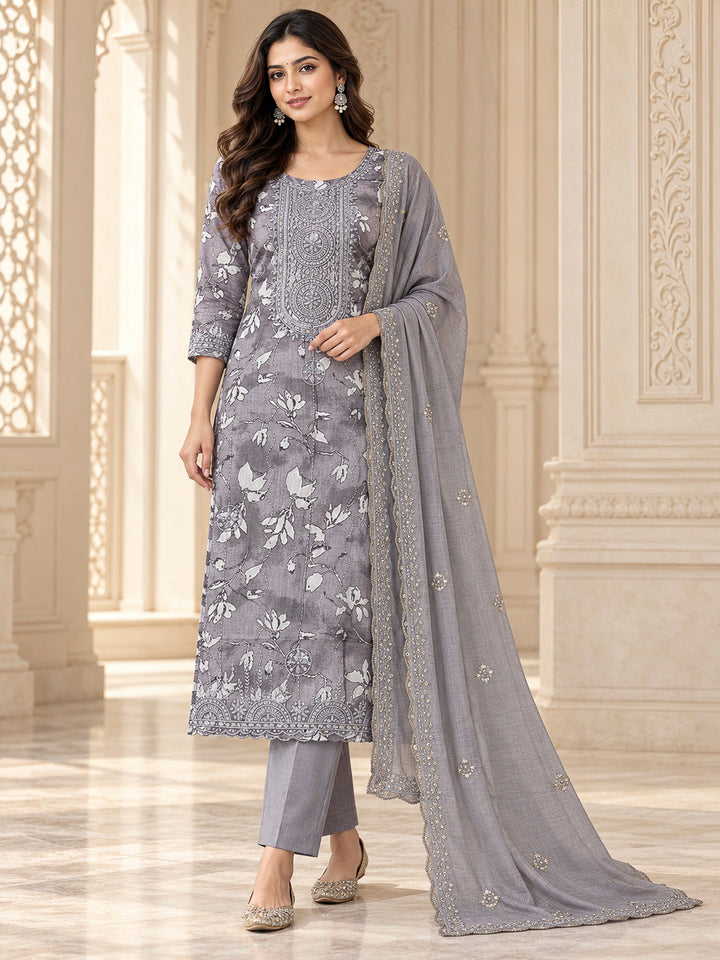 Grey Cotton Blend Embroidered Unstitched Dress Material