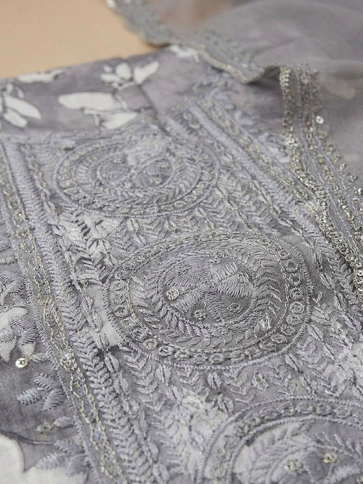 Grey Cotton Blend Embroidered Unstitched Dress Material
