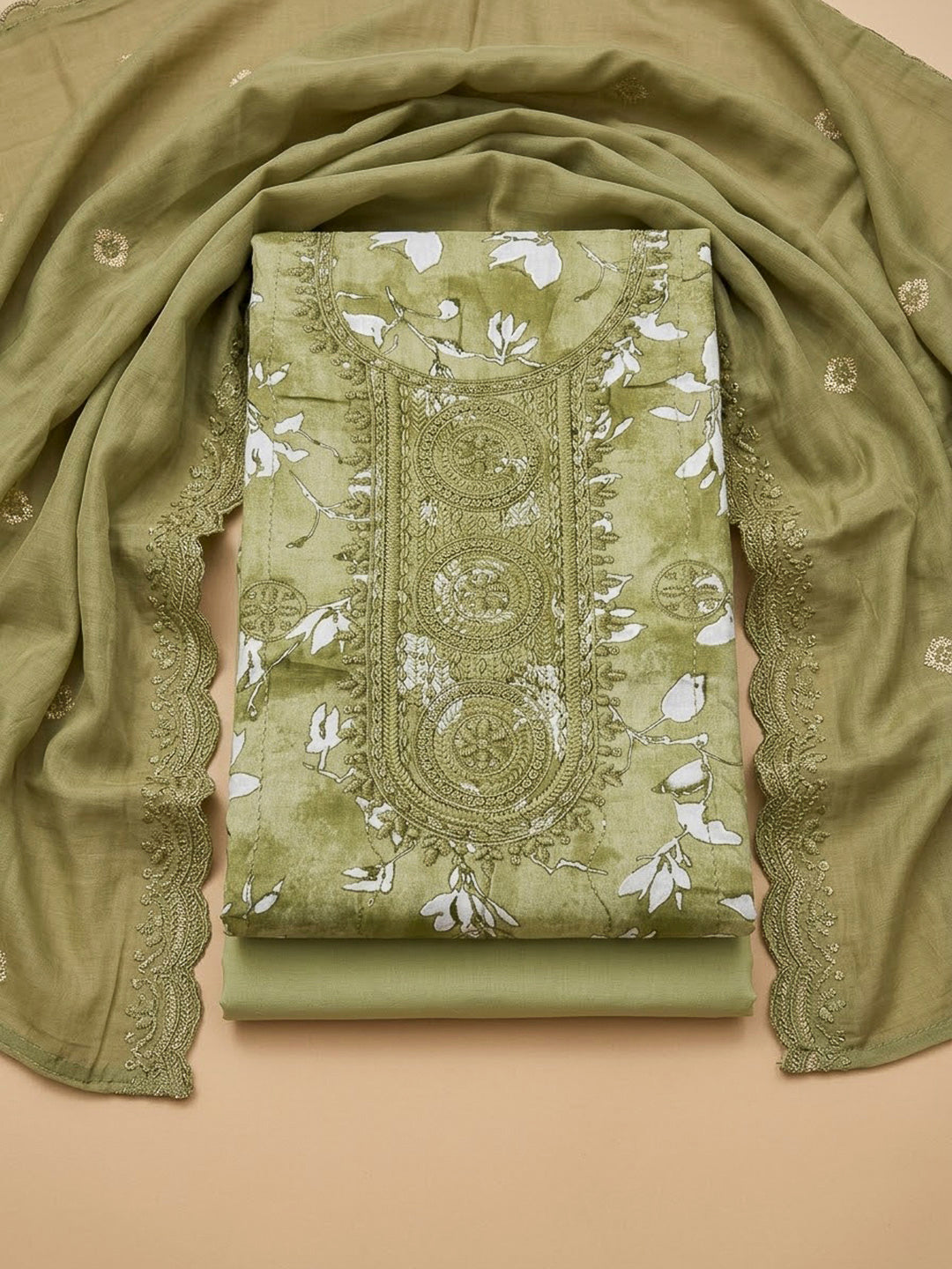 Mehndi Cotton Blend Embroidered Unstitched Dress Material