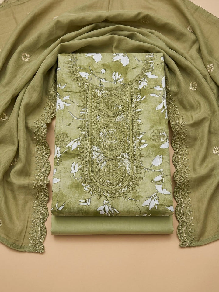 Mehndi Cotton Blend Embroidered Unstitched Dress Material