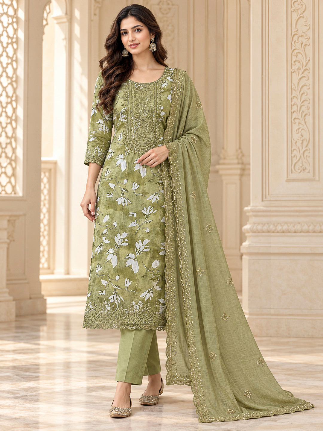 Mehndi Cotton Blend Embroidered Unstitched Dress Material