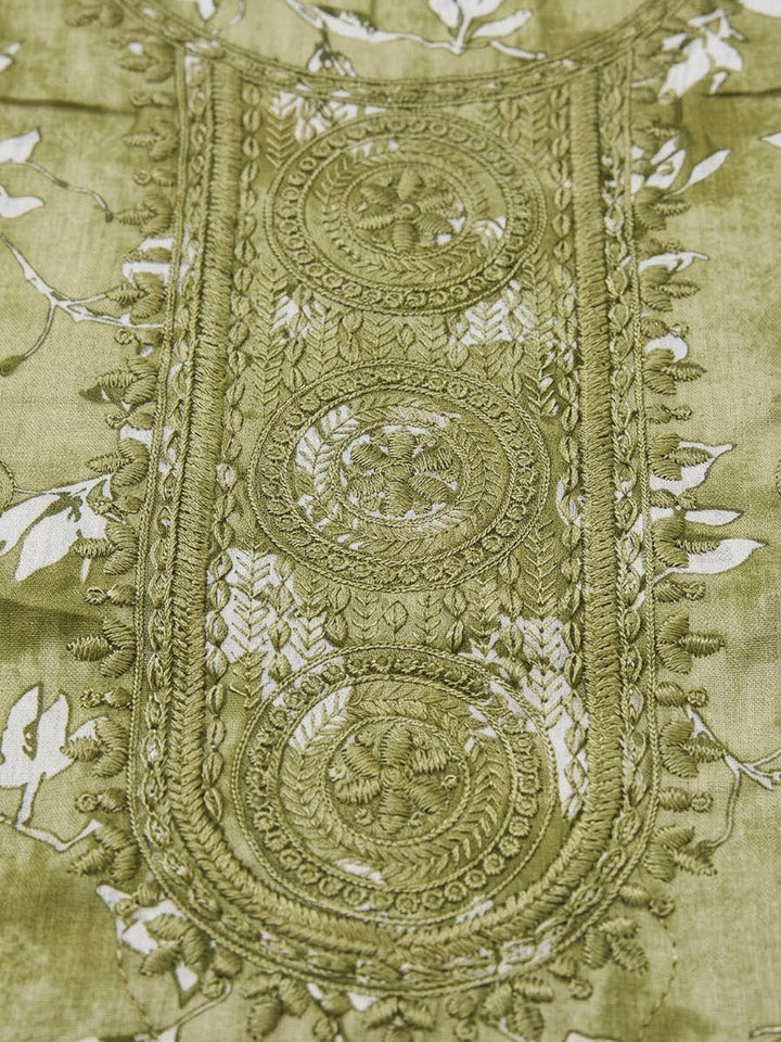 Mehndi Cotton Blend Embroidered Unstitched Dress Material