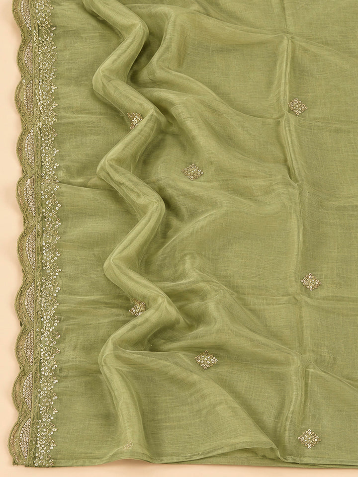 Mehndi Cotton Blend Embroidered Unstitched Dress Material