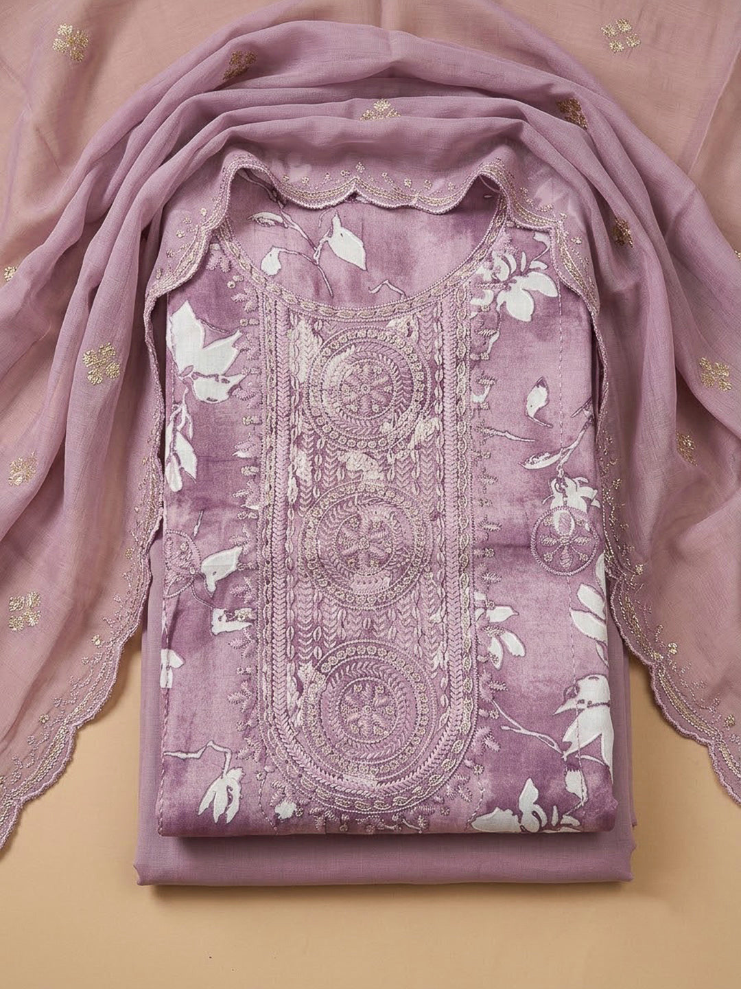 Onion Pink Cotton Blend Embroidered Unstitched Dress Material