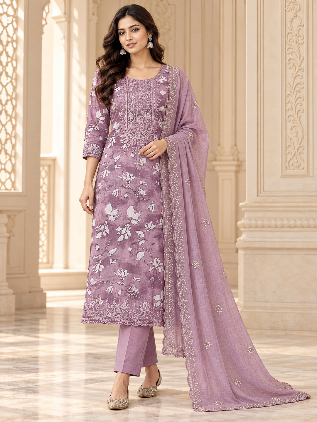 Onion Pink Cotton Blend Embroidered Unstitched Dress Material