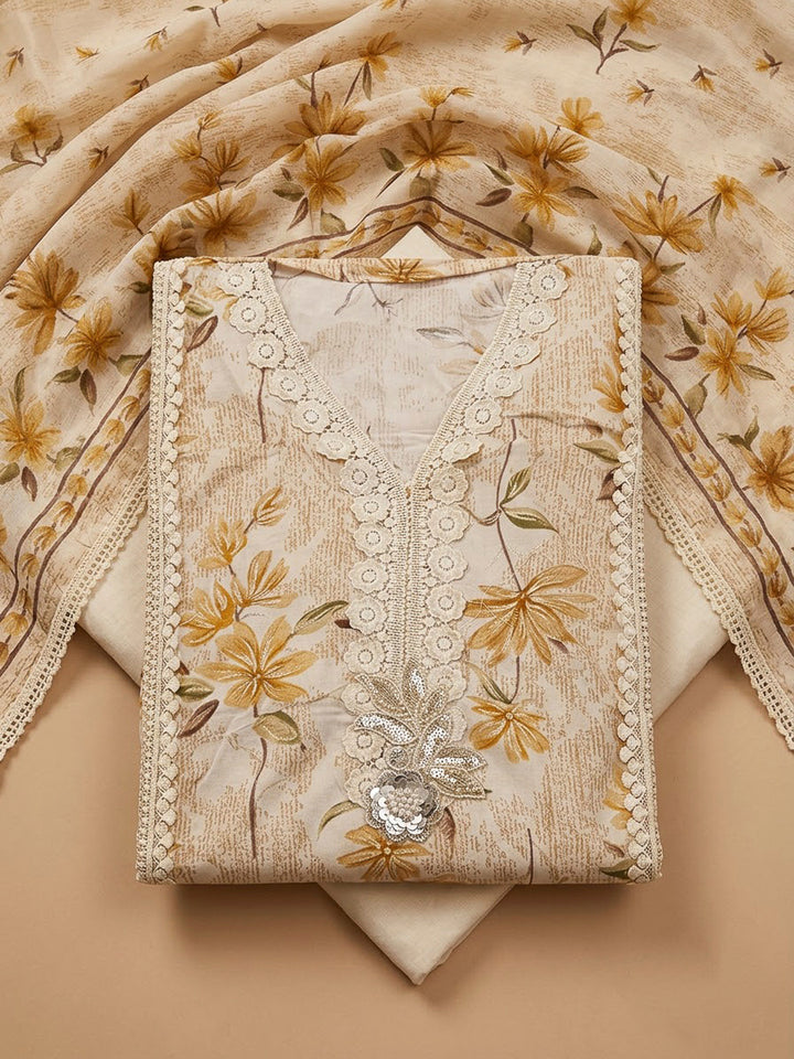 Beige Cotton Blend Printed Unstitched Dress Material