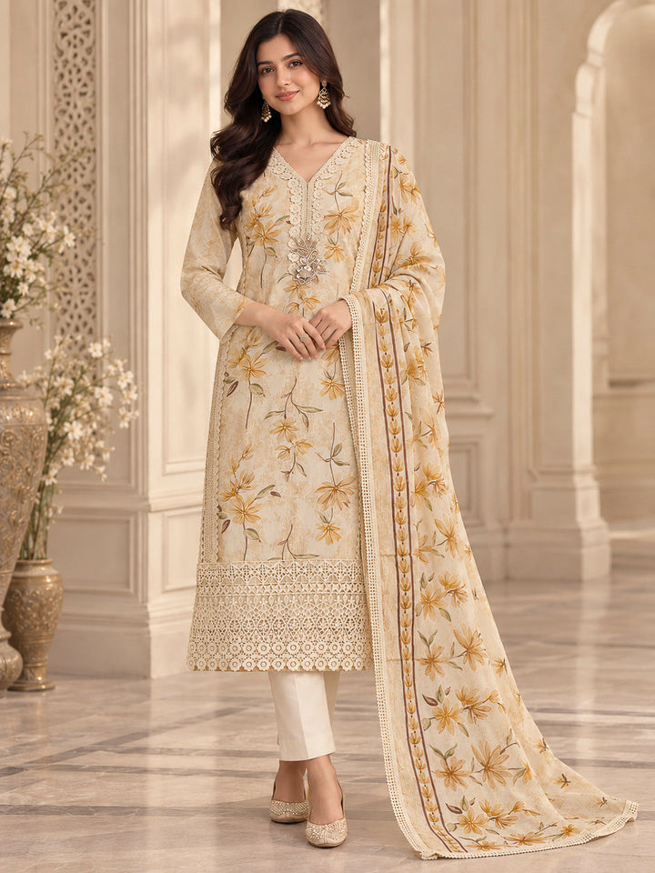 Beige Cotton Blend Printed Unstitched Dress Material