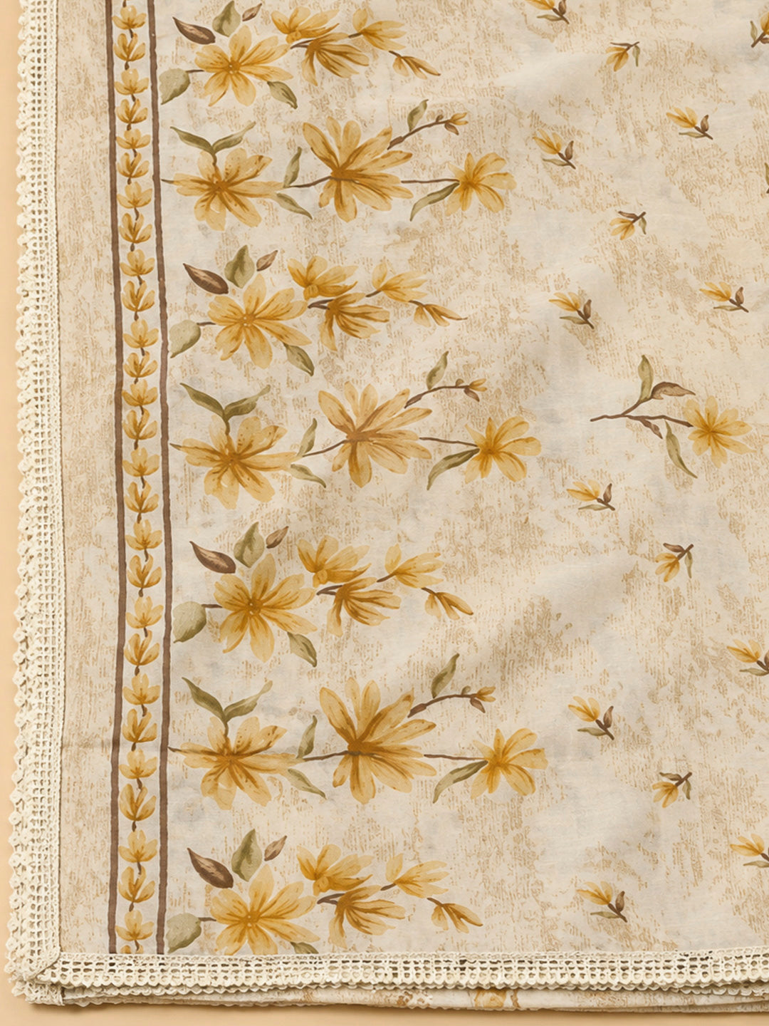 Beige Cotton Blend Printed Unstitched Dress Material