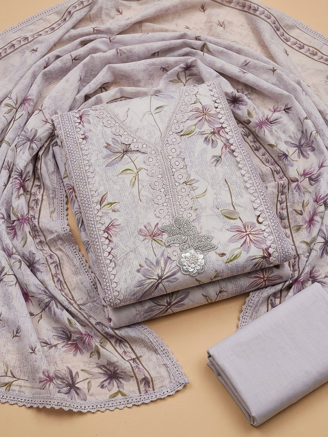 Lavender Cotton Blend Printed Unstitched Dress Material