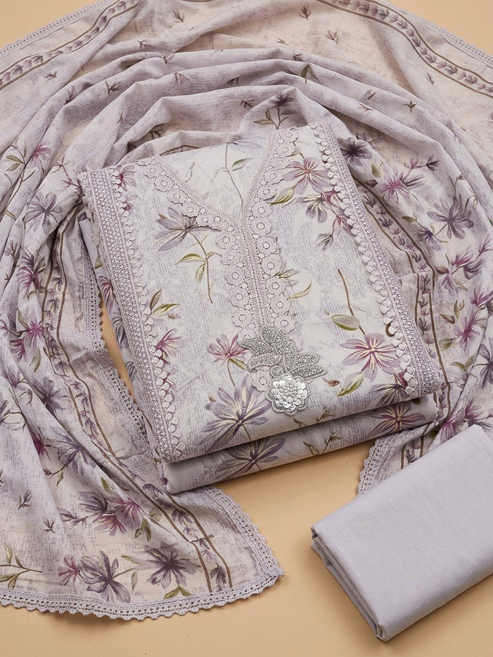 Lavender Cotton Blend Printed Unstitched Dress Material