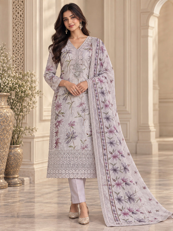 Lavender Cotton Blend Printed Unstitched Dress Material