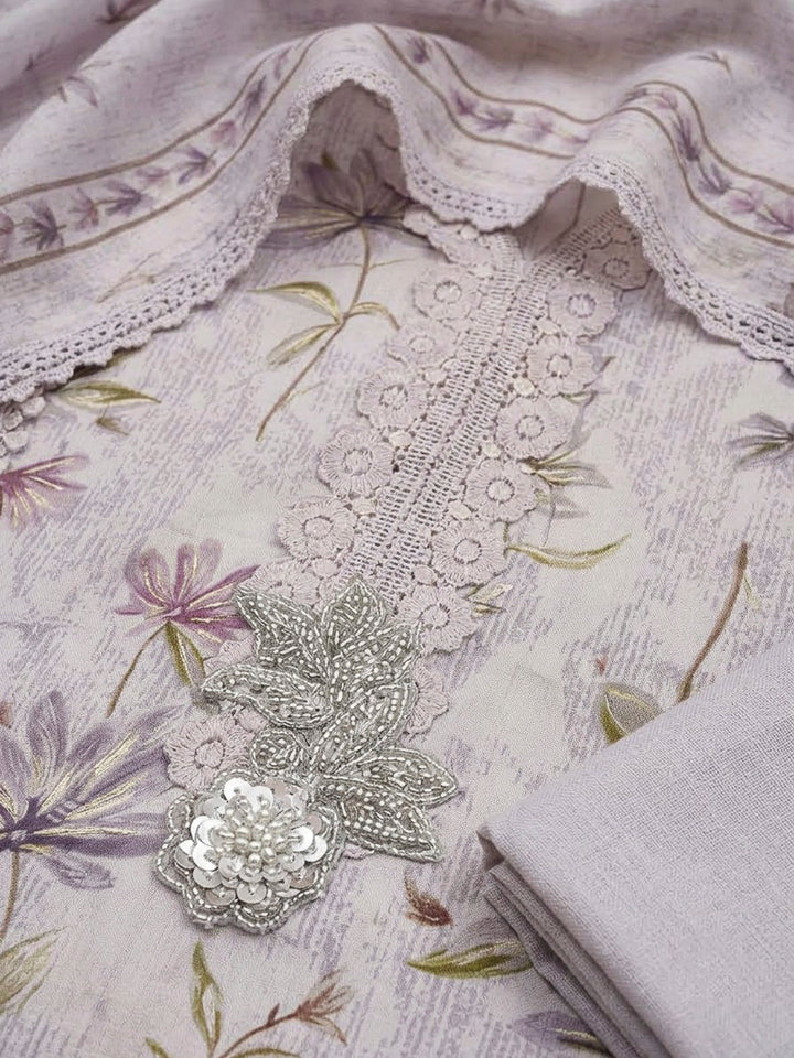 Lavender Cotton Blend Printed Unstitched Dress Material