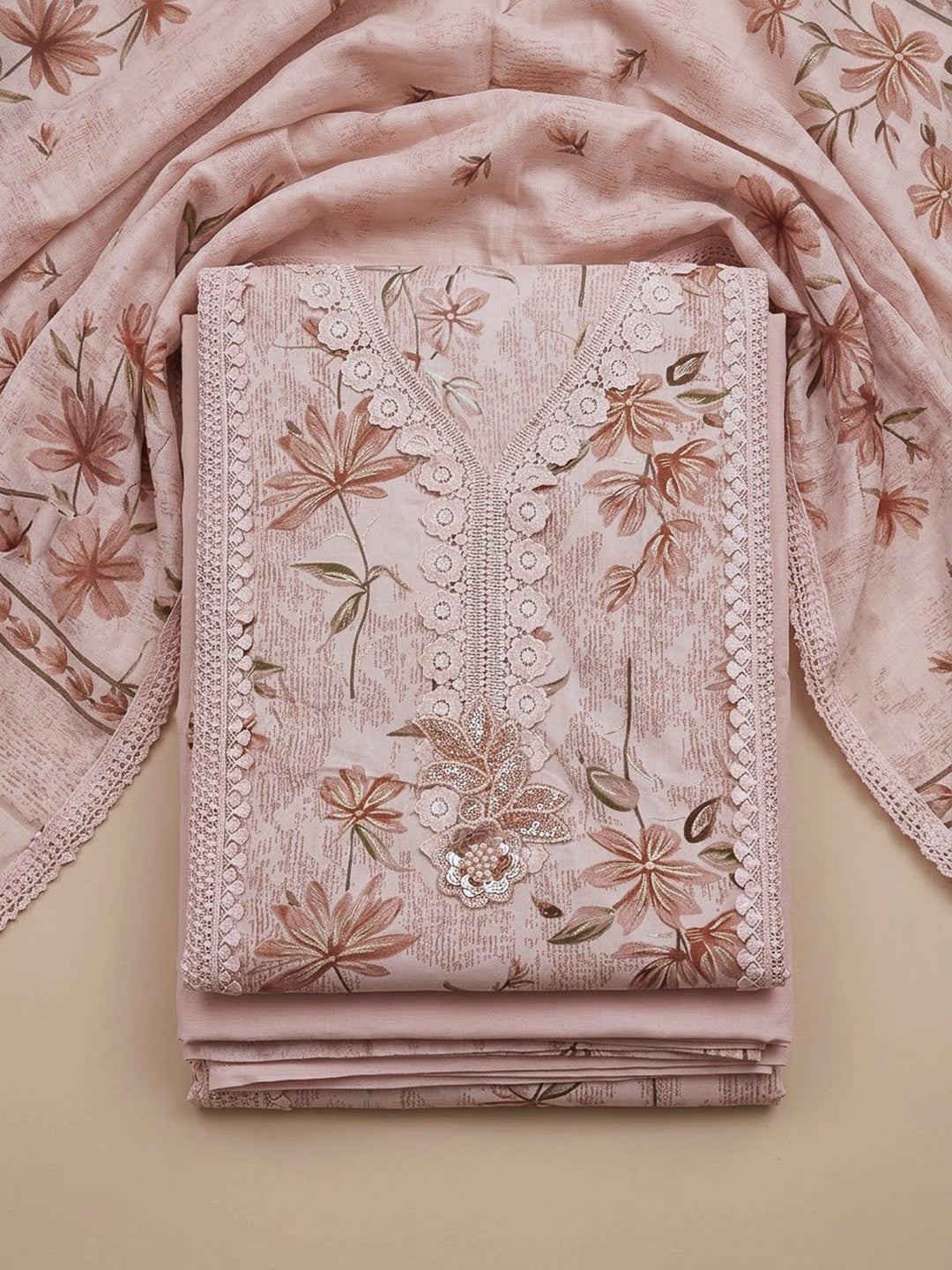 Peach Cotton Blend Printed Unstitched Dress Material