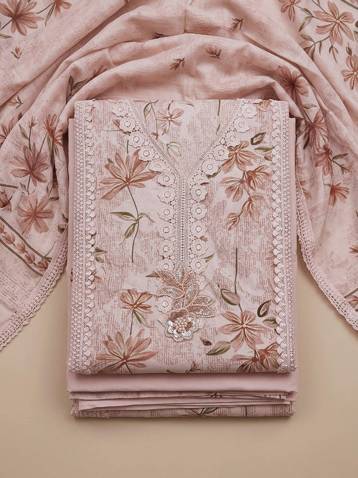 Peach Cotton Blend Printed Unstitched Dress Material