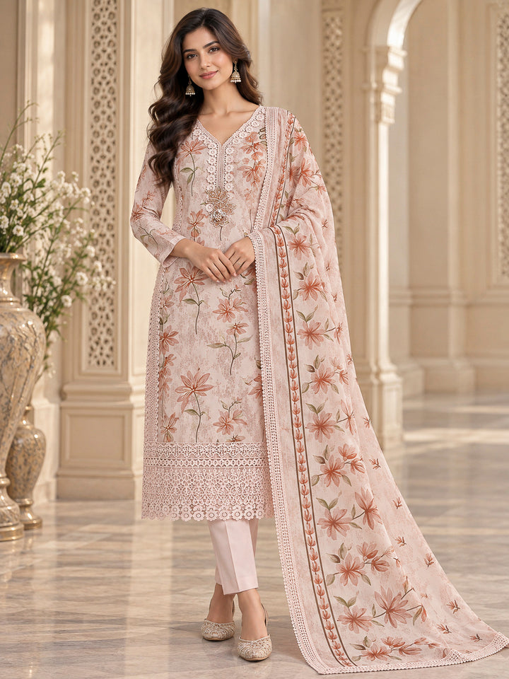Peach Cotton Blend Printed Unstitched Dress Material