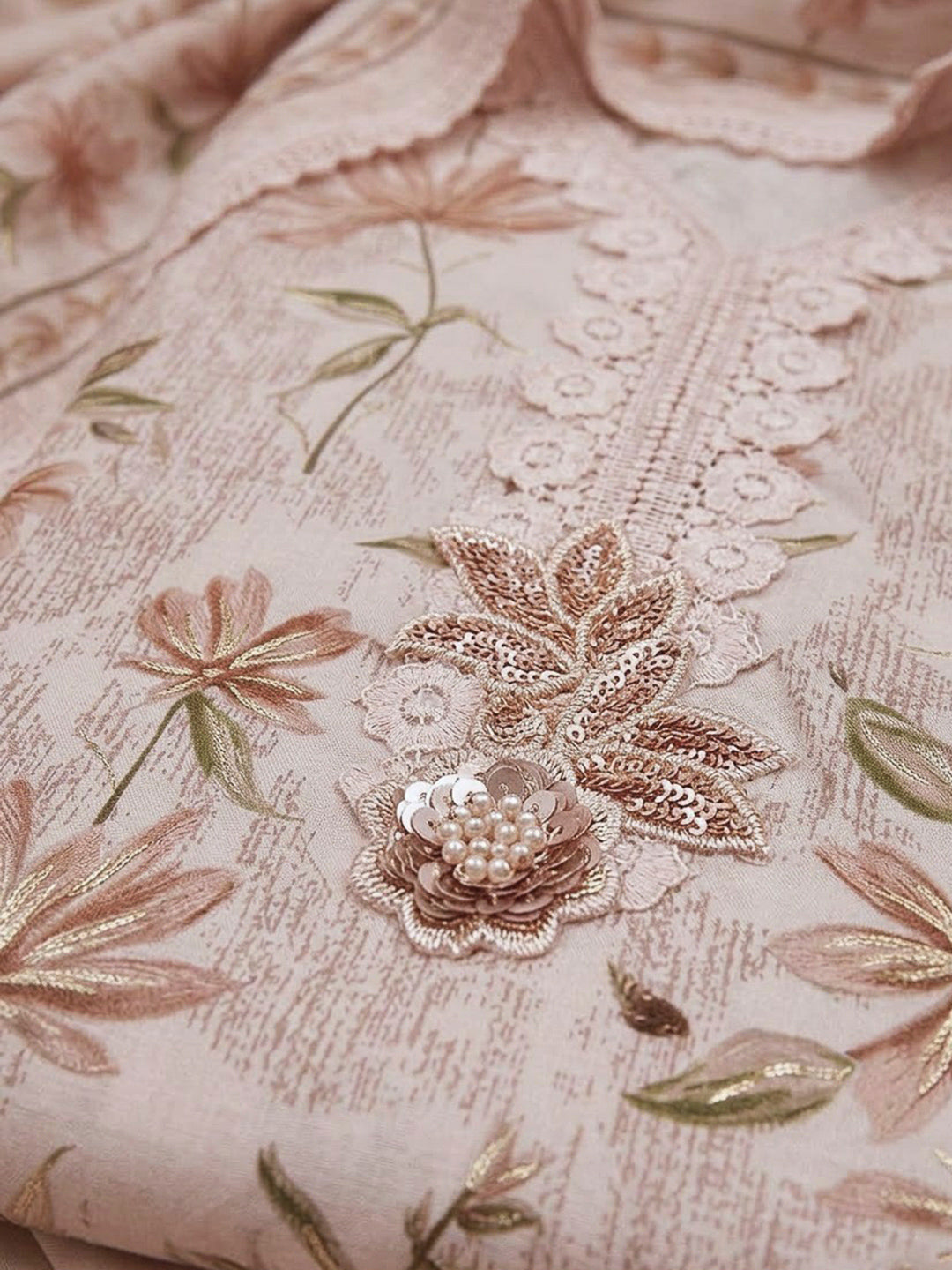 Peach Cotton Blend Printed Unstitched Dress Material