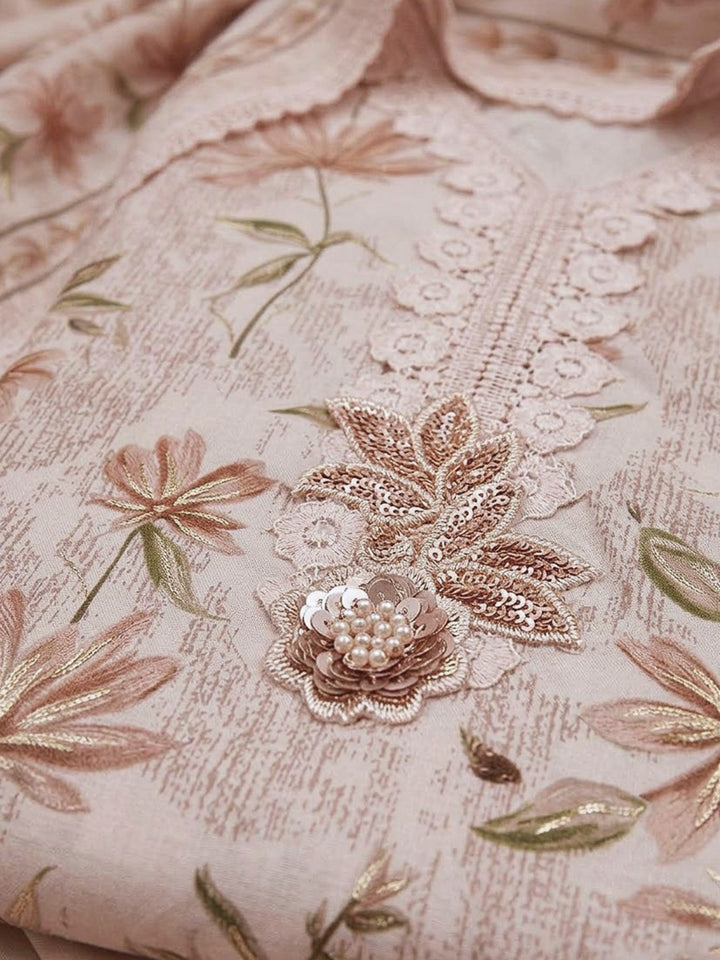 Peach Cotton Blend Printed Unstitched Dress Material