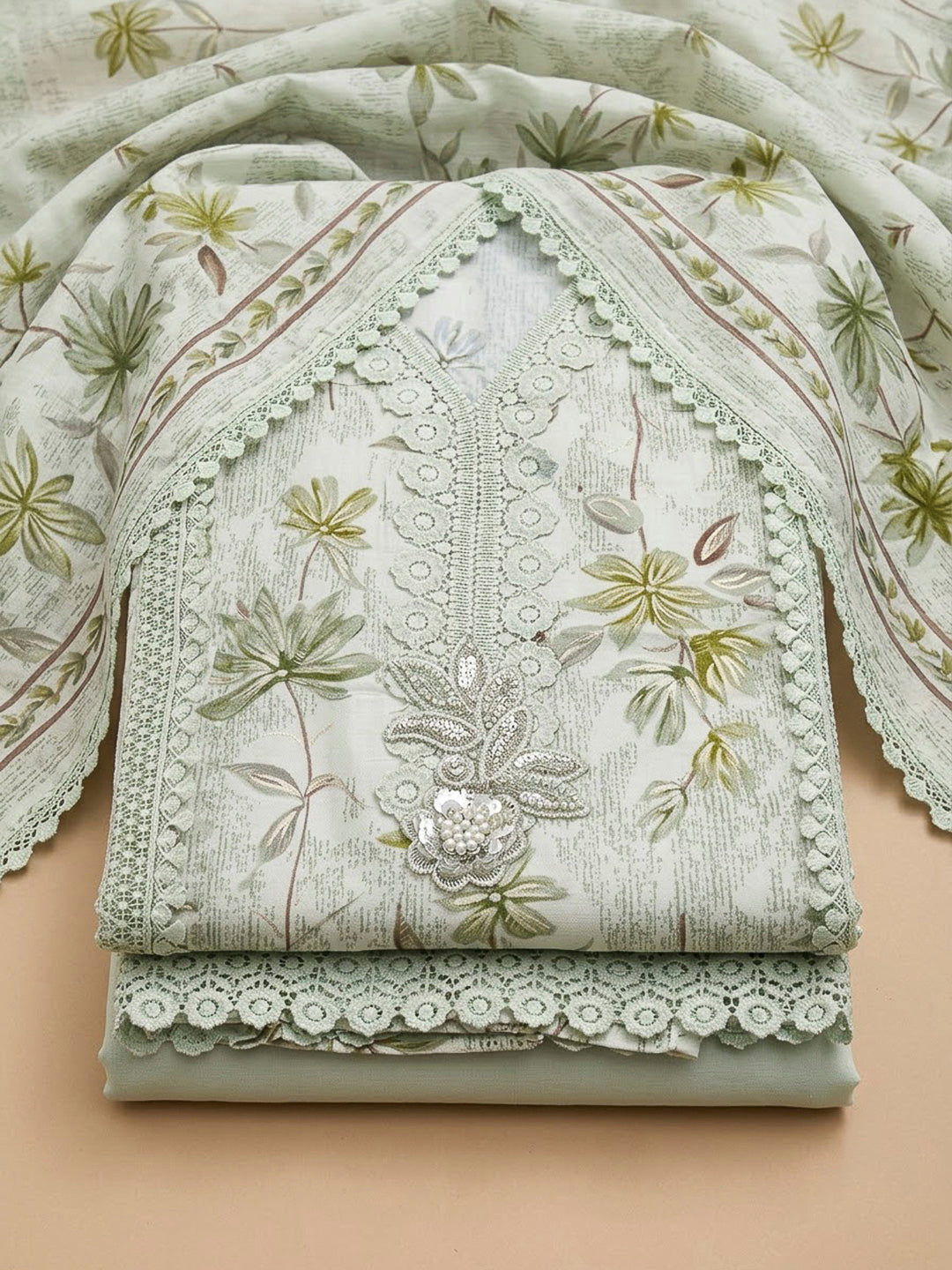 Pista Green Cotton Blend Printed Unstitched Dress Material