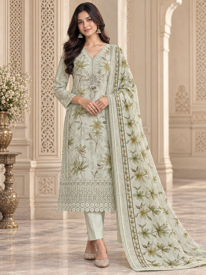 Pista Green Cotton Blend Printed Unstitched Dress Material