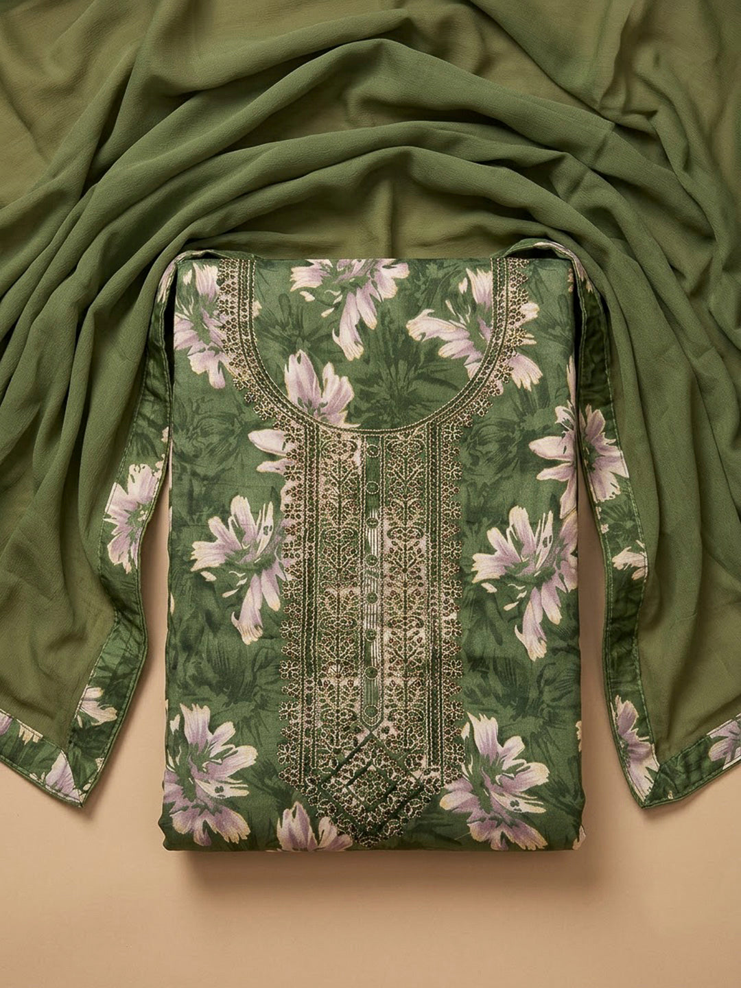 Bottle Green Cotton Blend Embroidered Unstitched Dress Material
