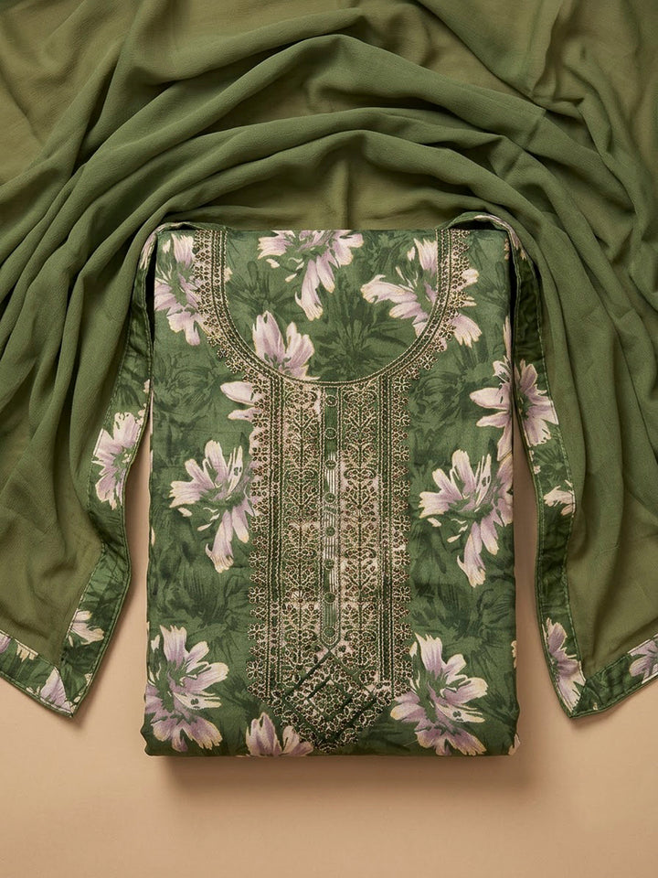 Bottle Green Cotton Blend Embroidered Unstitched Dress Material